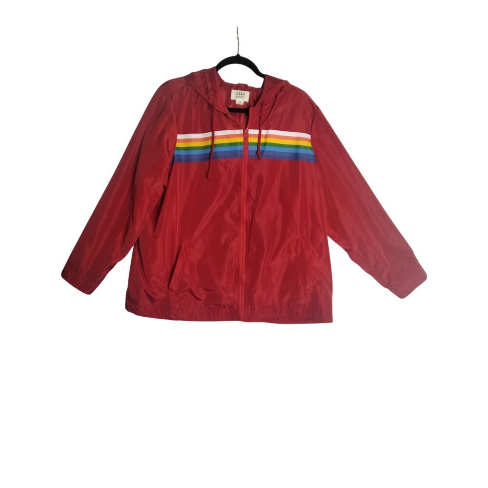 Lili Sport Windbreaker with Hood Sz 1X Red with Rainbow Stripe Sporty Cute Retro